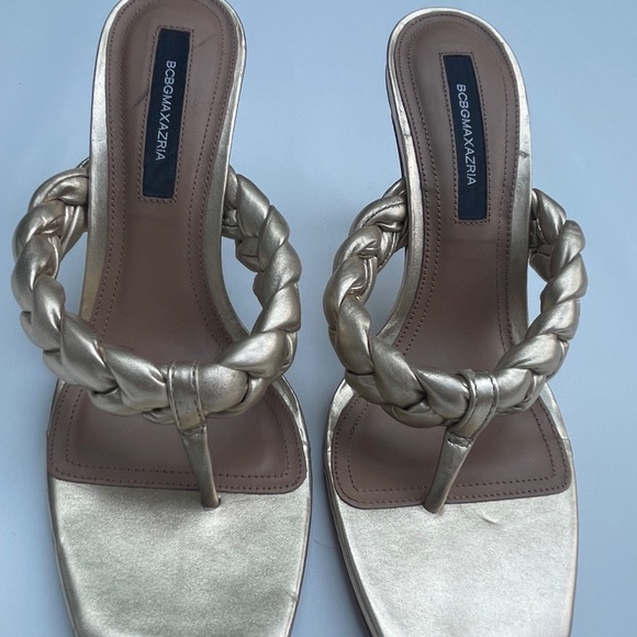 BCBG MAX AZRIA Bella Braided Gold Leather Sandals - Picture 2 of 8